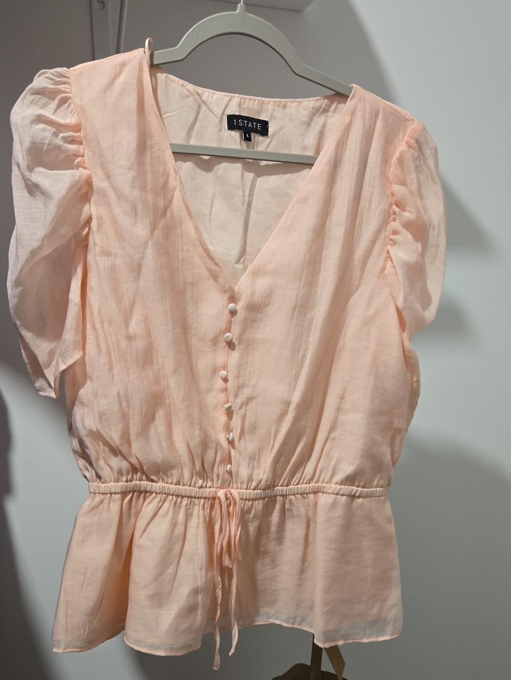 1. State Light Pink V-Neck Button Peplum Midi Dress